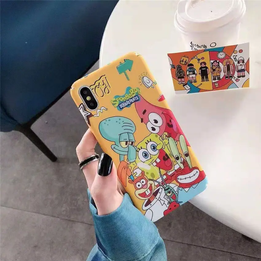 Тонкий жесткий чехол для телефона iPhone XR XS MAX 6s 7 8 Plus милый счастливый SpongeBob квадрат