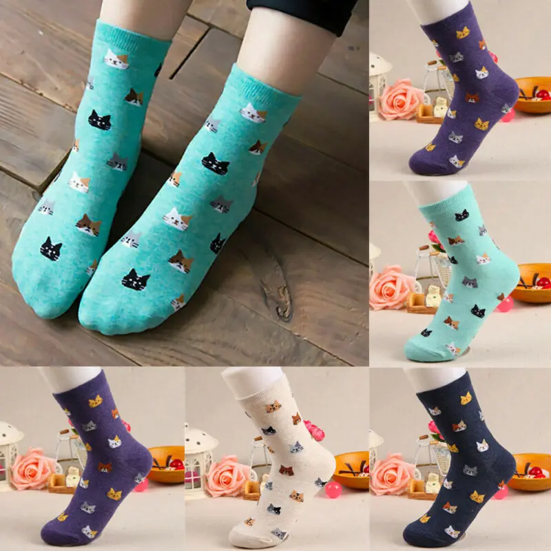 Носки женские теплые хлопковые с принтом кошки 1 пара 5 цветов | Женская одежда