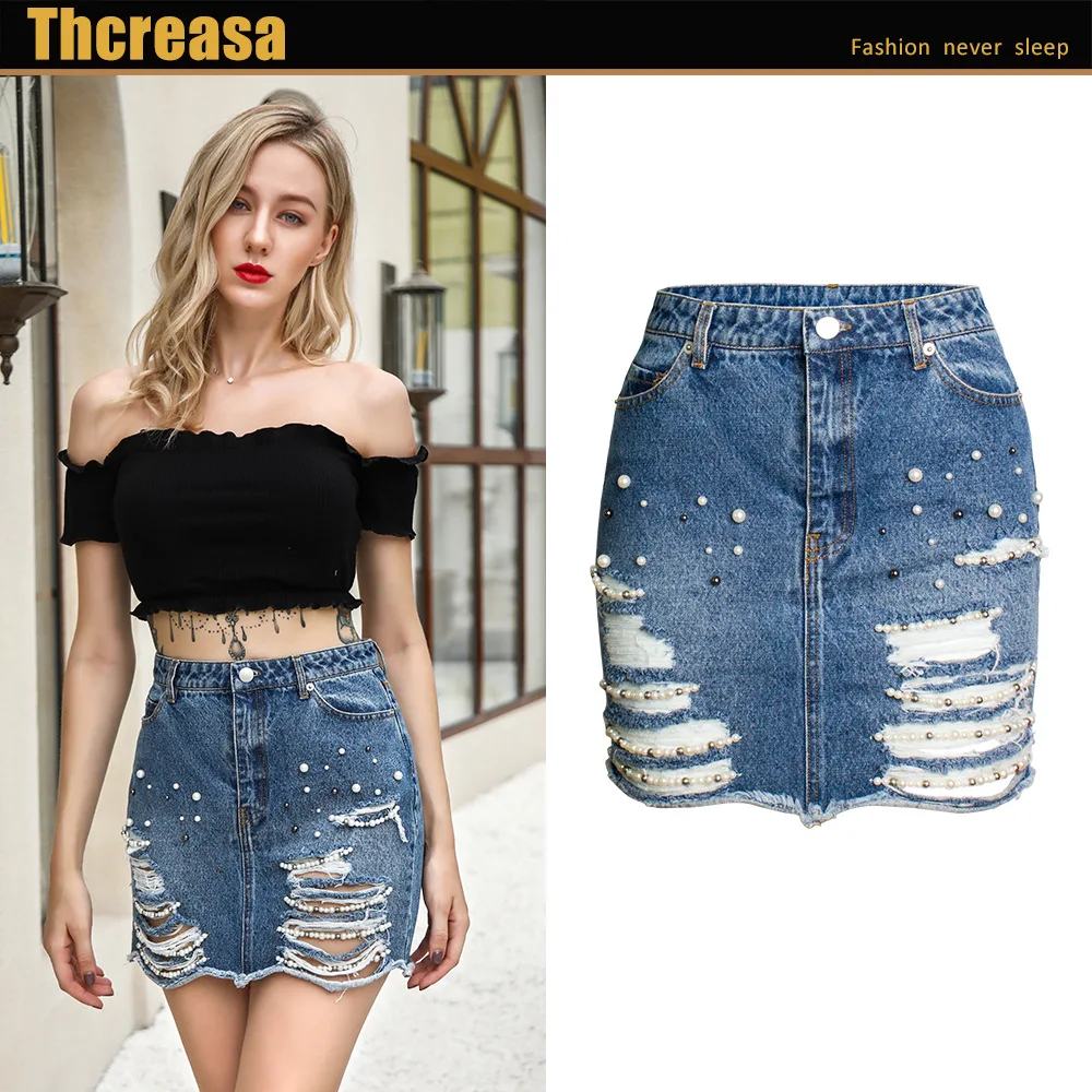 Новая летняя женская джинсовая юбка с жемчугом и высокой талией сексуальная