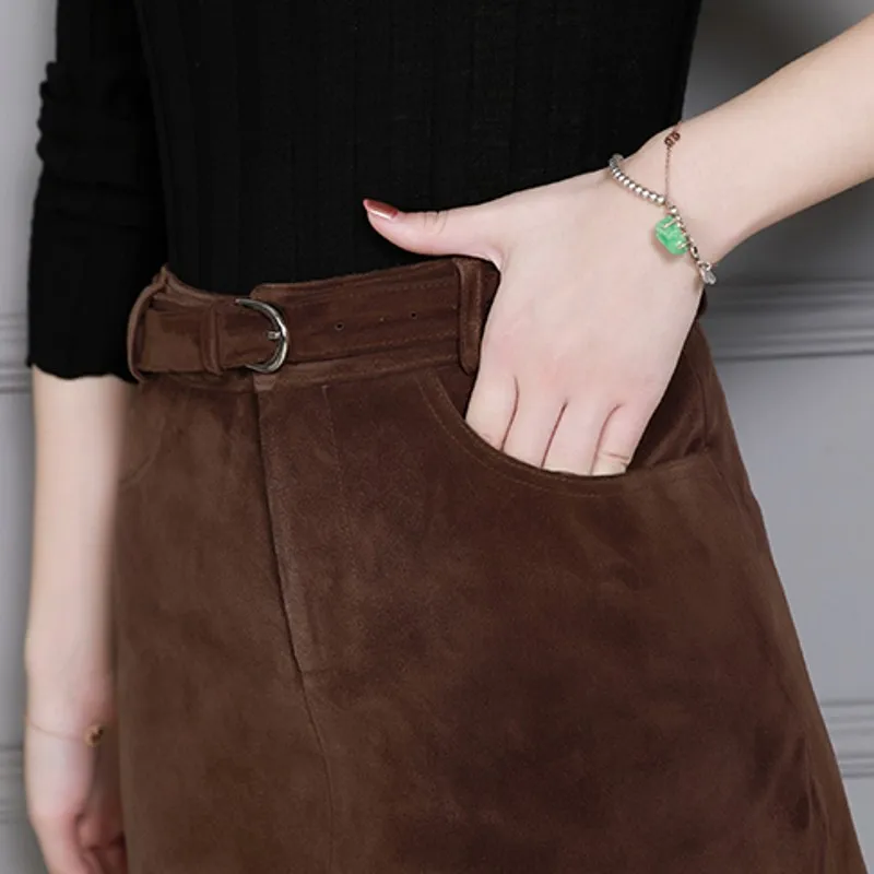 

High Quality Genuine Leather Womens New Vintage A-Line Skirts Office Lady Sashes Pockets Fashion Above Knee Cow Suede Skirts