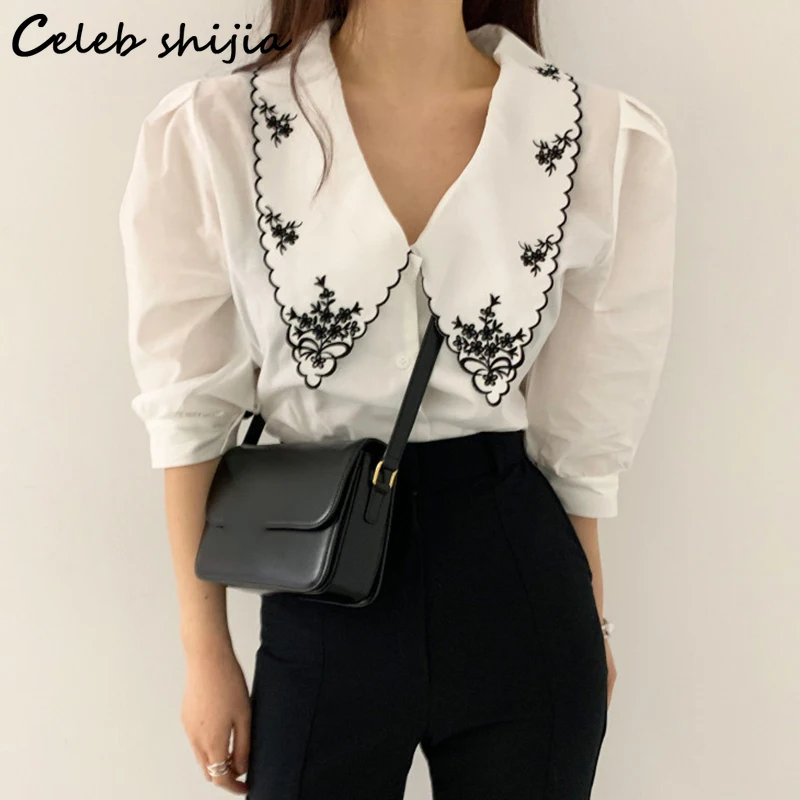 

Korean Chic Vintage Blouses Women Black New Summer Short Sleeve Embroidery Collar V-neck White Shirts Female Button Up