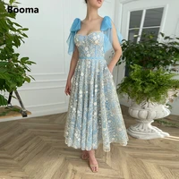 booma blue floral lace midi prom dresses sweetheart wide bow straps a line prom gowns tea length tulle wedding party dresses