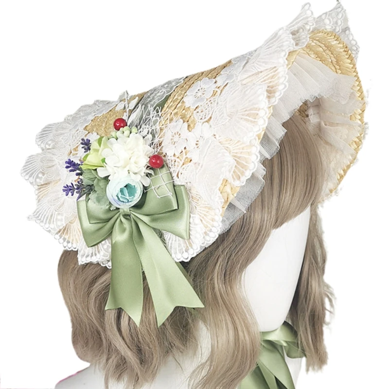 

Handmade Lolita Pastoral Bonnet Straw Hat Sweet Ruffled Lace Trimming Ribbon Elegant Tea Party Floral Cosplay Sun Cap