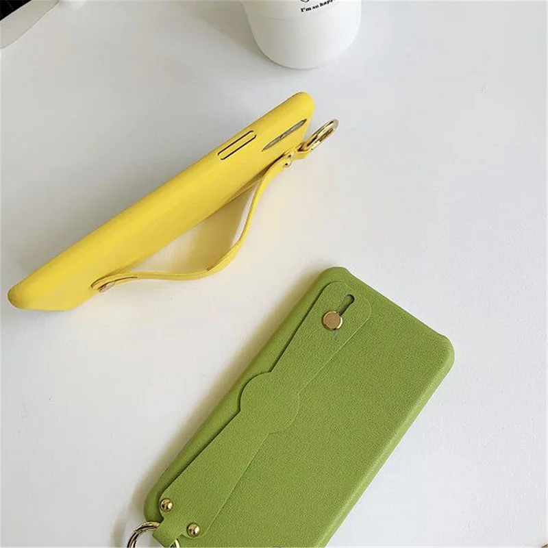 Solid Color PU Leather Phone Case for iPhone 6 6s 7 8 Plus X Xs XR Max Wrist Strap Hand Band Cover |
