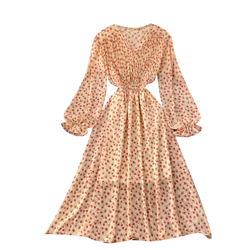 

Women Bohemian Floral Dress Sweet Puff Sleeve V Neck Elastic Ruched French Dresses French Chic Print French Midi Dress