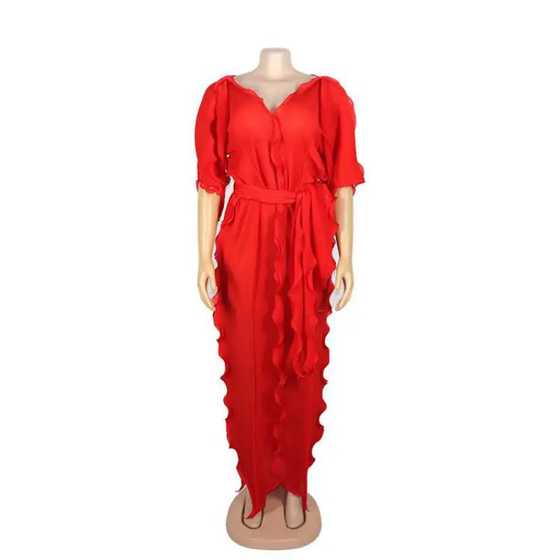 

HIJABMUSS European And American Dress African Women's Sexy V-neck Crimp Ruffle Pearl Chiffon Loose And Elegant