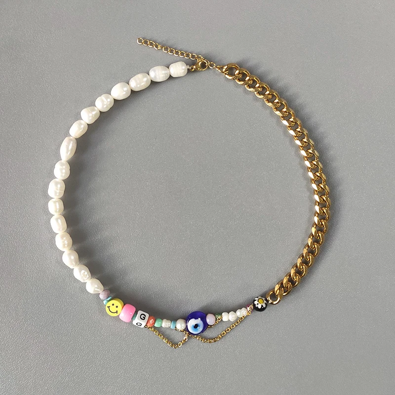 

Цепочка Из Нержавеющей Стали с натуральным пресноводным жемчугом ручной работы, ожерелье в стиле панк, готика, синий глаз, желтый смайлик, б...
