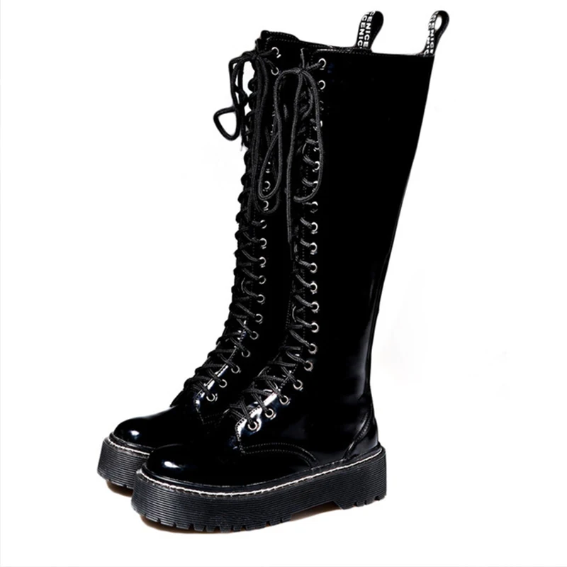 Рок панк Готик сапоги женская обувь женские на платформе из лакированной кожи