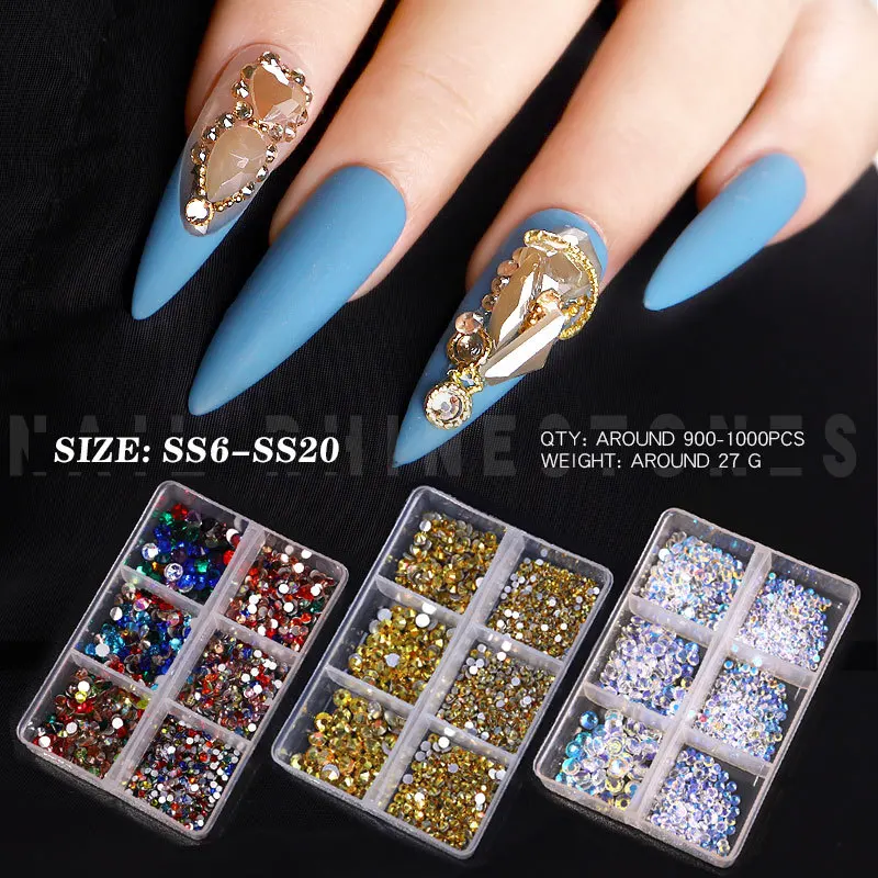 

1Box/6Sizes Boxed Crystal Flat Rhinestones Kit Hybrid Nail Art Decorations AB Pearl Colorful Strass Gems For Manicure Set