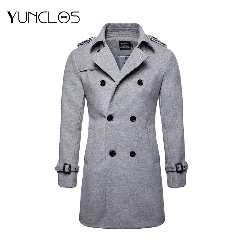 

Мужской длинный двубортный тренчкот из полиэстера и шерсти