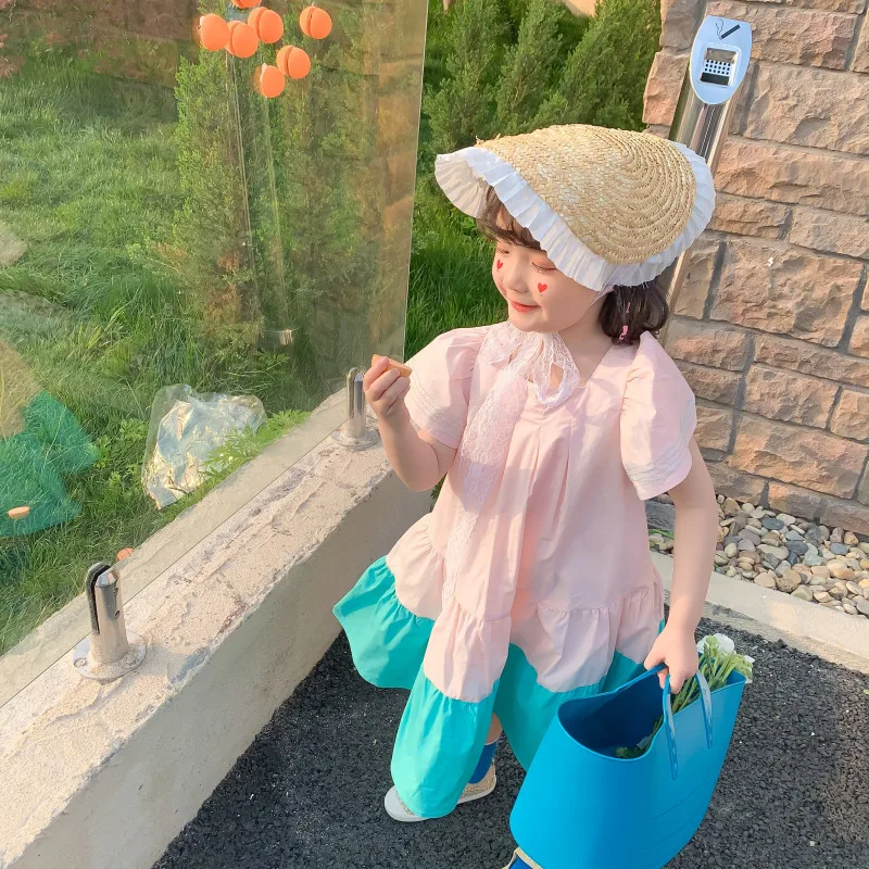 

Korean Style Summer Baby Girls Patchwork Brief Flying Sleeve Loose Dresses Children Cotton Casual Long Style Princess Dress