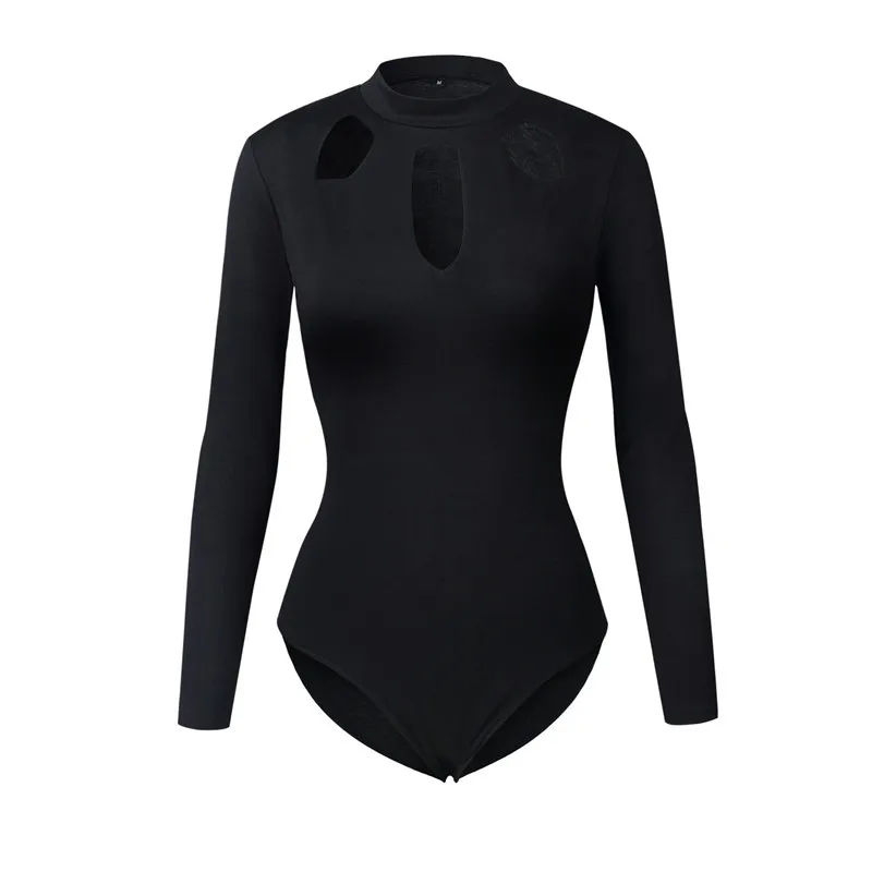 

Autumn/winter Black Hollow Long-sleeved Slim Slim Sexy Solid-colored Jumpsuit Women Bodysuits AAA Quality