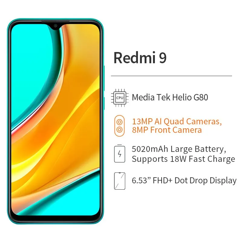 Смартфон Xiaom Redmi 9 3 Гб ОЗУ 32 ПЗУ Восьмиядерный процессор Media Tek Helio G80 задняя камера 13