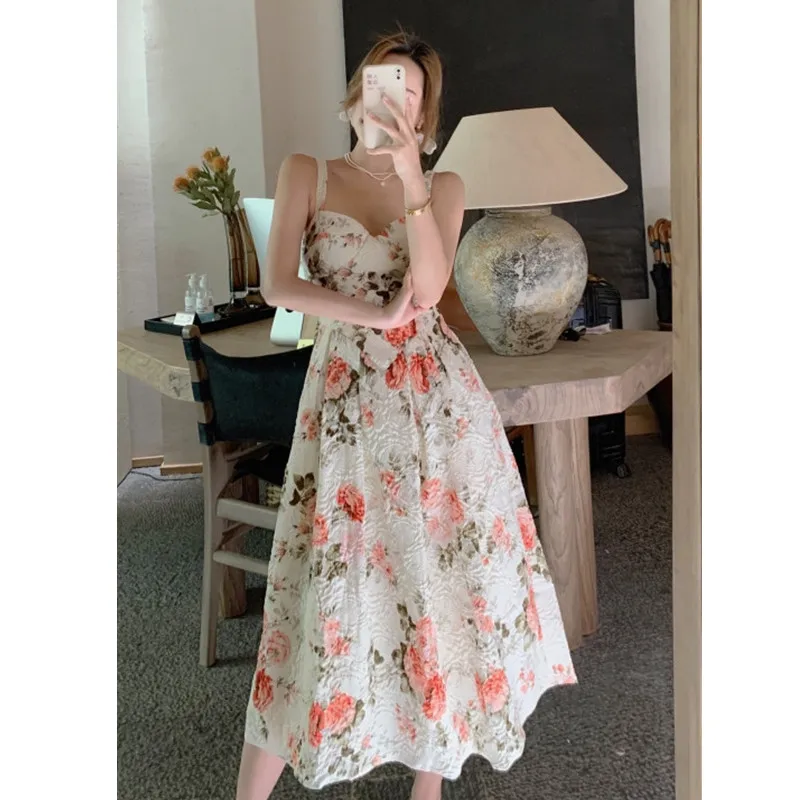 

Real Shot Retro Floral Dress 2021 New Female Spring And Summer Print Suspender Princess Dress