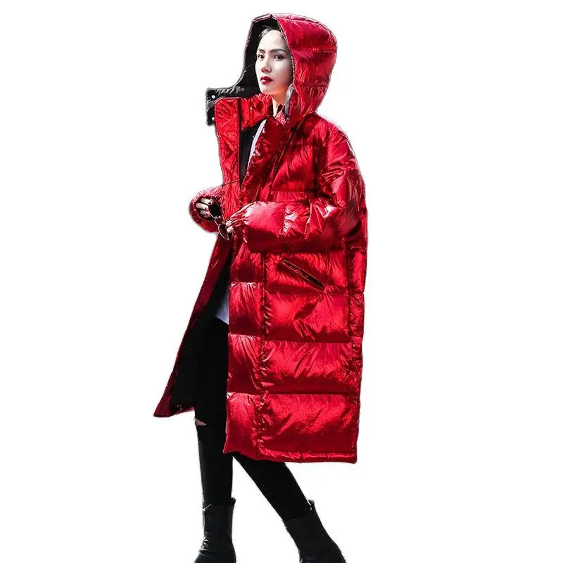 

Куртка женская блестящая зимняя, Парка свободного покроя с капюшоном, ветрозащитная, глянцевая, уличная одежда, толстая, свободная, красная