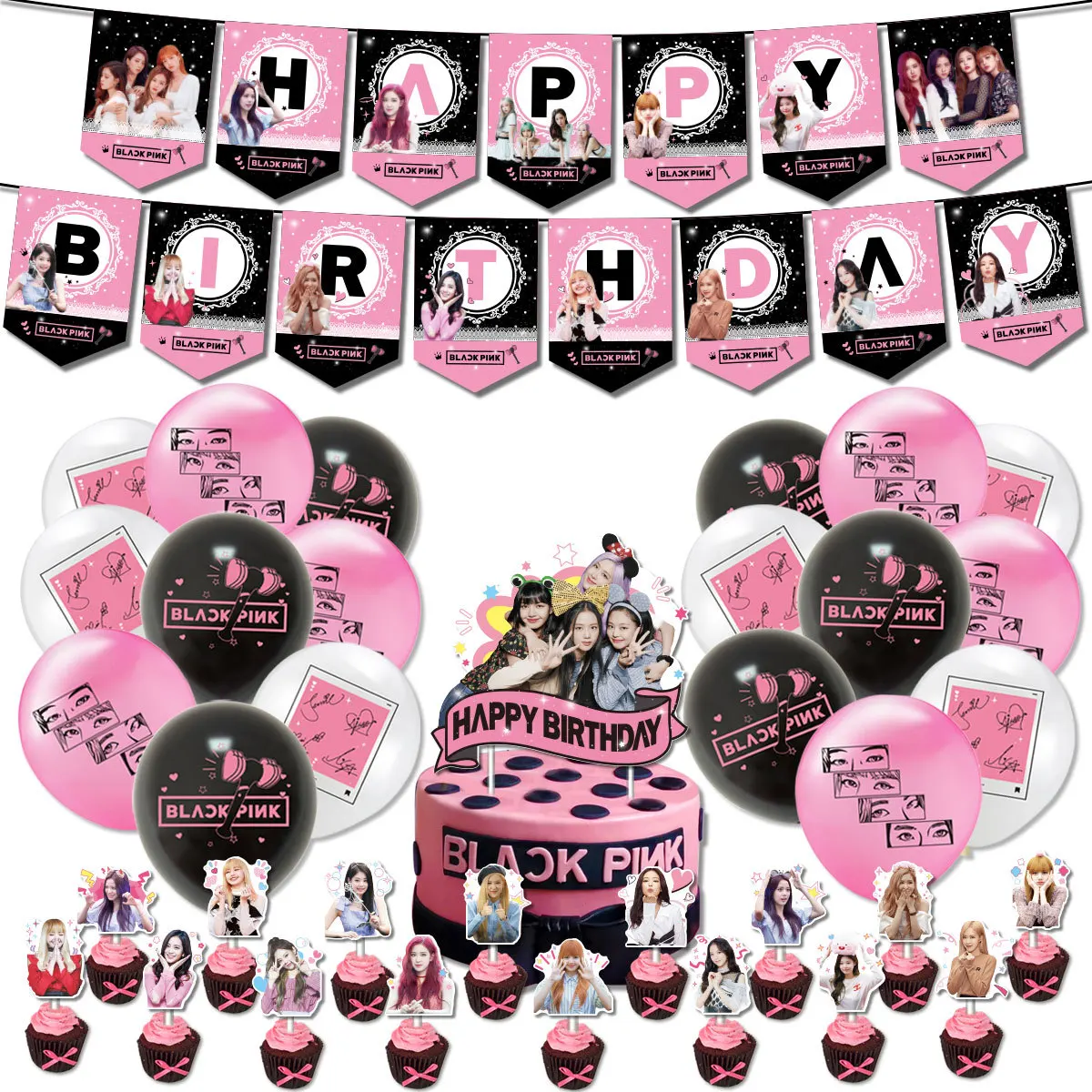 

Kpop Black Birthday Party Supplies Includes Banner Cake Topper Cupcake Toppers Balloon for Girl Pink Birthday Party Decoration