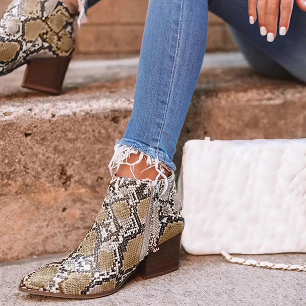 Женские ботильоны на молнии сапоги из змеиной кожи Леопардовые винтажные