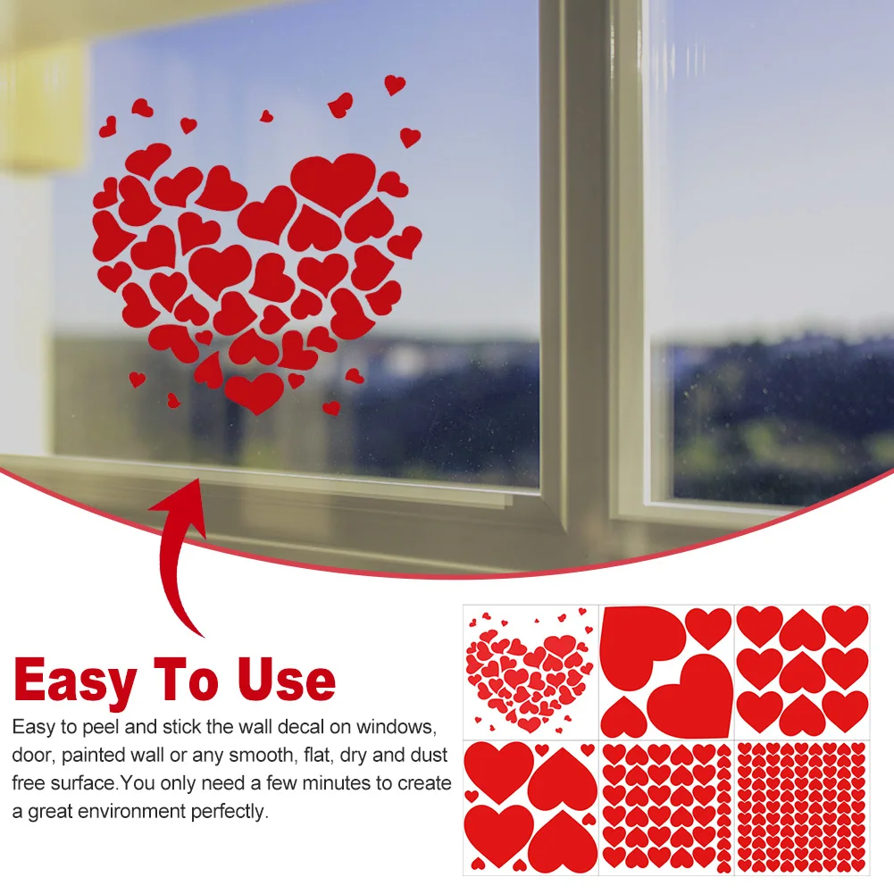 

6 Sheets Wedding PVC Valentines Day Removable Anniversary Home Decor Bedroom Background Red Love Heart DIY Window Wall Stickers