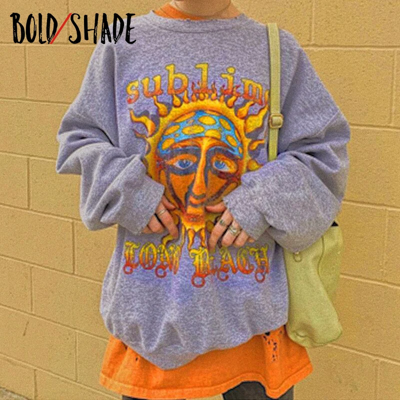 

Bold Shade Grunge Aesthetic Oversized Sweatshirt Letter Cartoon Print Long Sleeve Hoodies Street Style Indie Vintage Sweatshirts