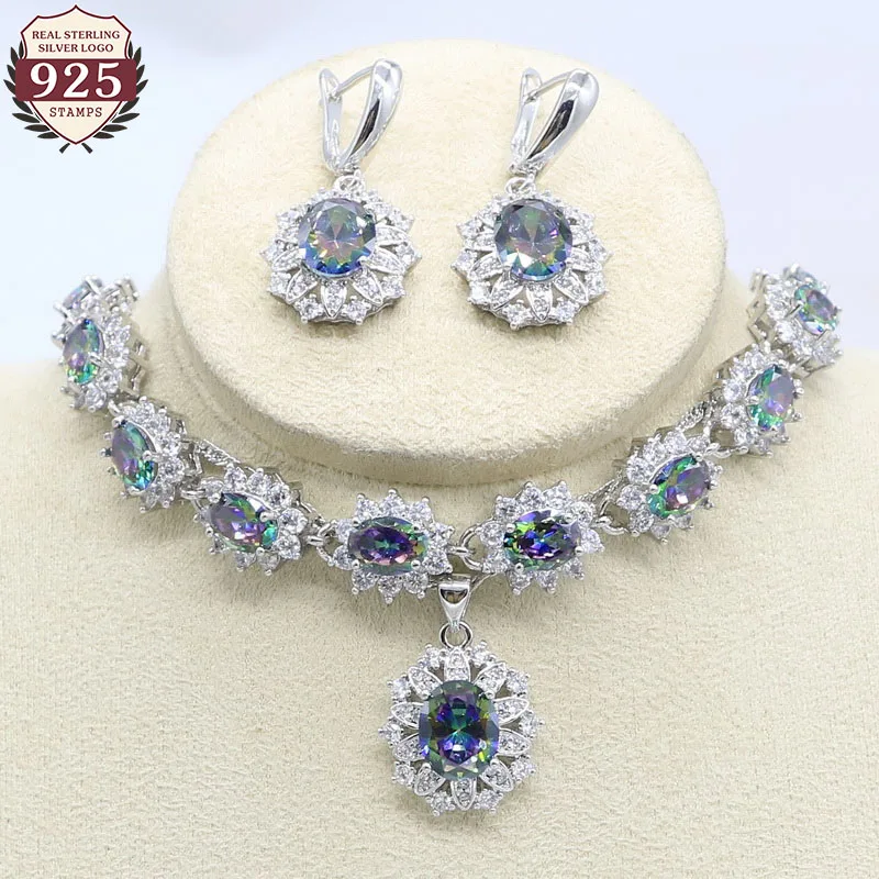 Женский ювелирный набор из серебра 925 пробы с разноцветным радужным браслетом