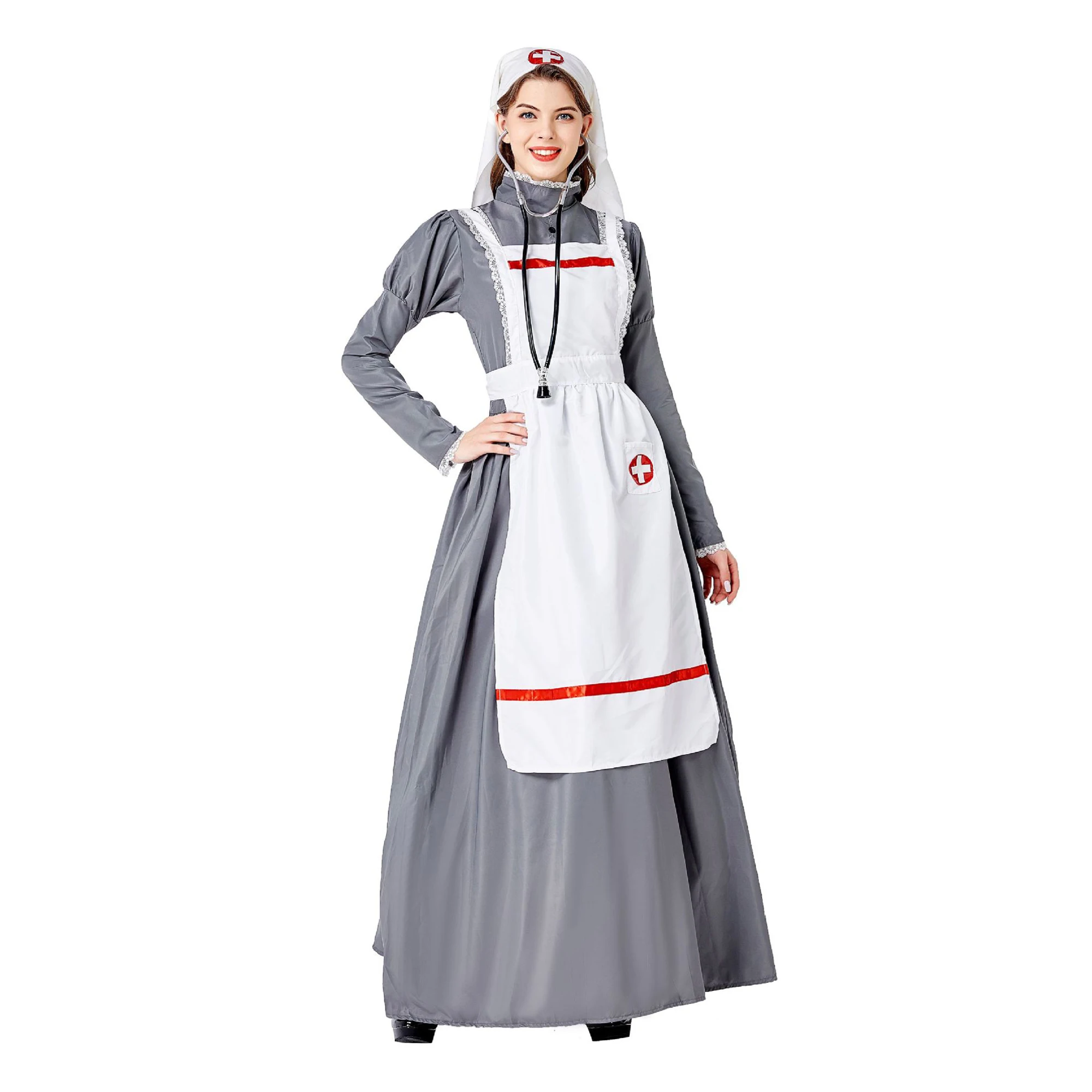 

Medieval Maid Wear Halloween Cosplay Costume Themed Party Renaissance Medical Nurse Carnival Festival Retro Dress Veil Apron Set