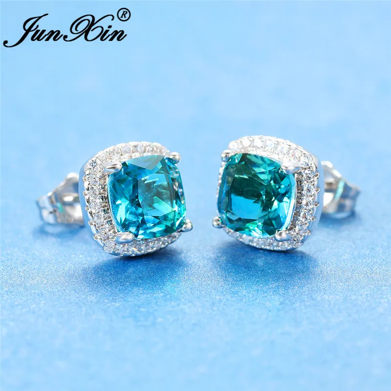 Geometric Square Stud Earrings White Gold Rose Colorful Rainbow Fire Crystal Blue Green Zircon Wedding For Women | Украшения и