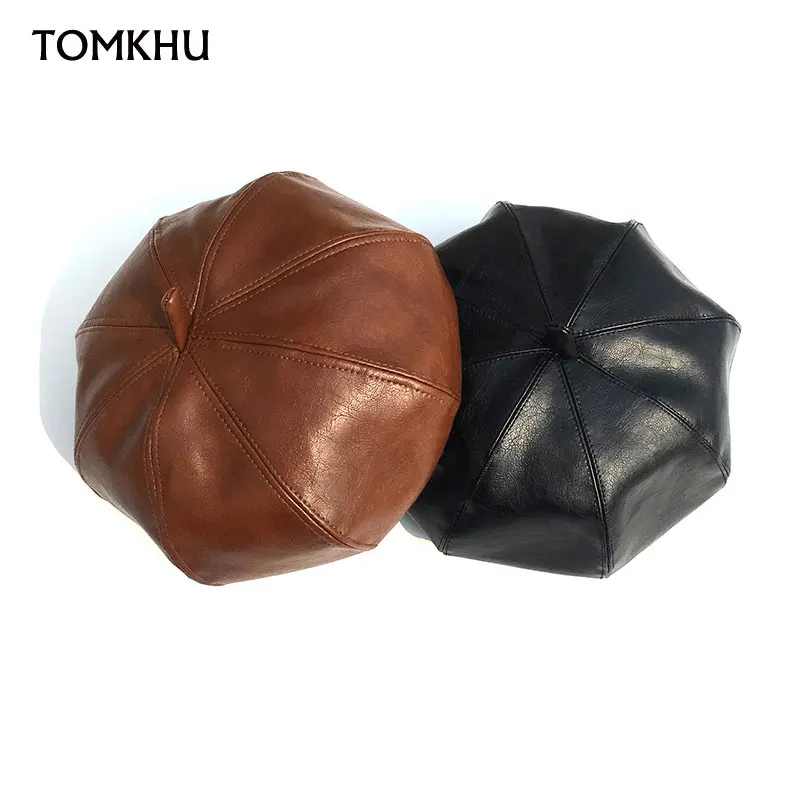 

Кепка газетчика унисекс, осенне-зимняя, женская, теплая, из искусственной кожи, восьмиугольная, в стиле ретро, плоская кепка, черного цвета