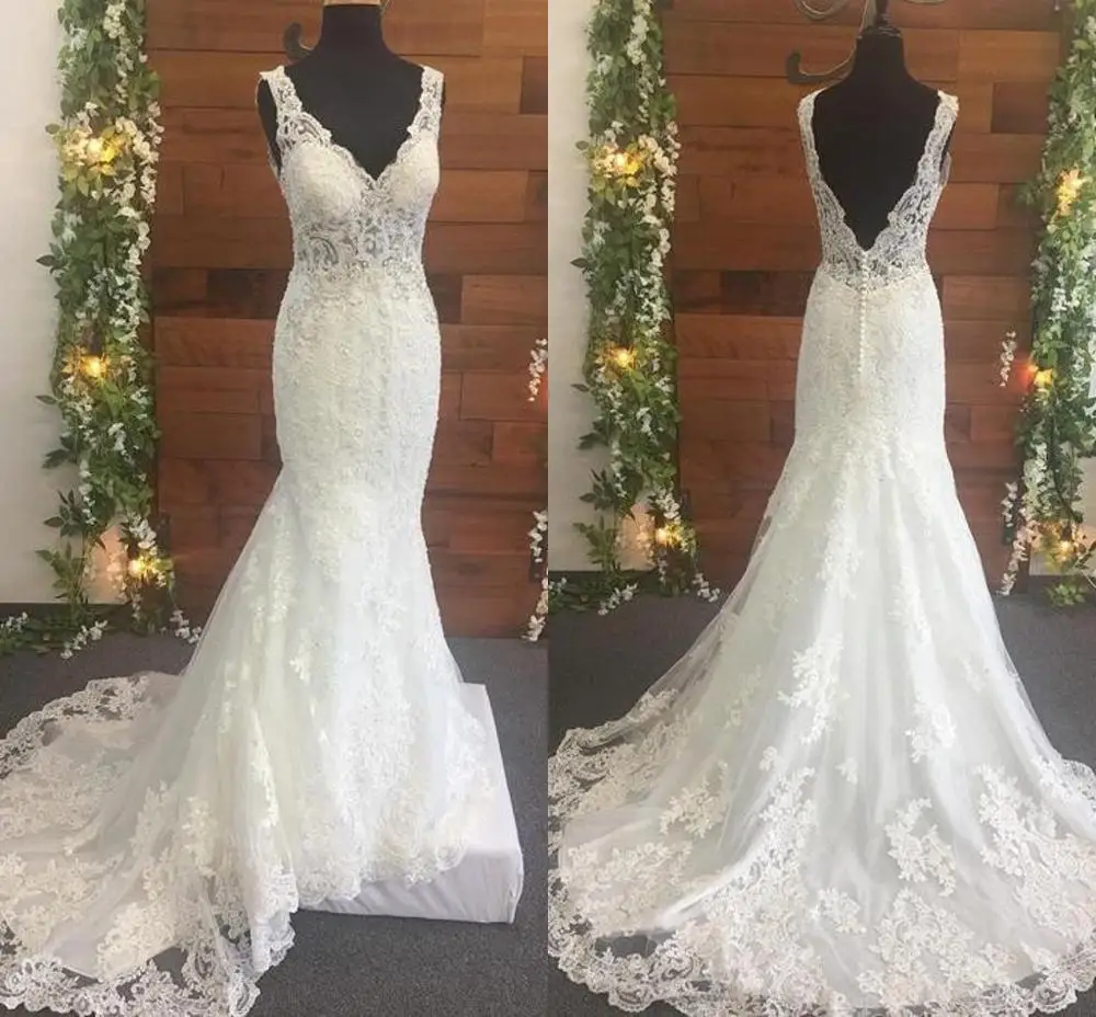 

Mermaid Wedding Dresses 2020 Backless V-Neck Lace Appliques Beaded Sweep Train Illusion Top Sexy Bridal Gowns Robe De Mariee
