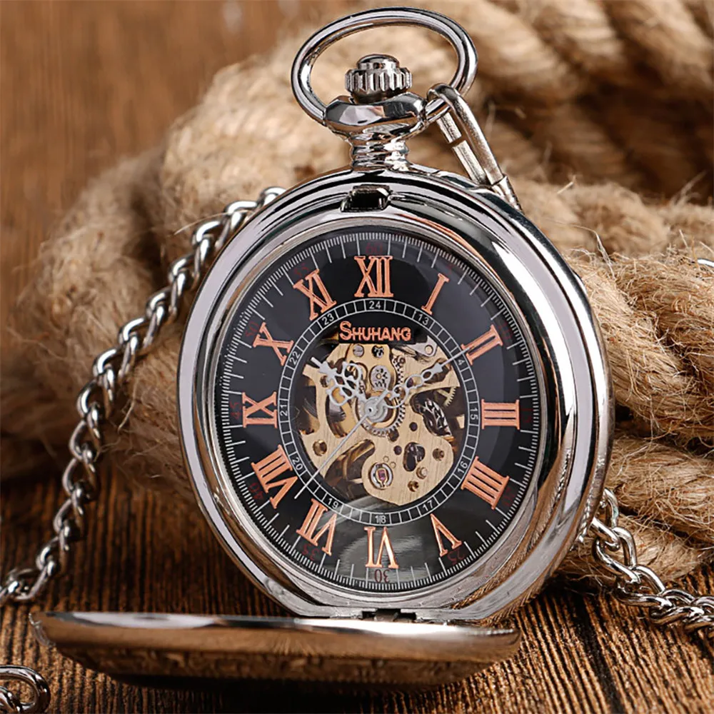 Punk Cool Silver Dragon Hand Winding Mechanical Pocket Watch Roman Numerals Dial Vintage Pendant Manual Mechanism Pocket Clock