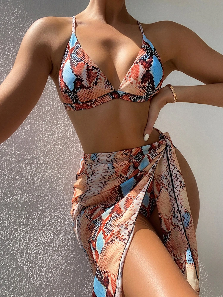 

Snake Skin Sexy Bikini Set 2022 New Print Swimwear Women Lace Up Swimsuit Brazilian Bikinis Bathing Suit Beach Dress Three Piece
