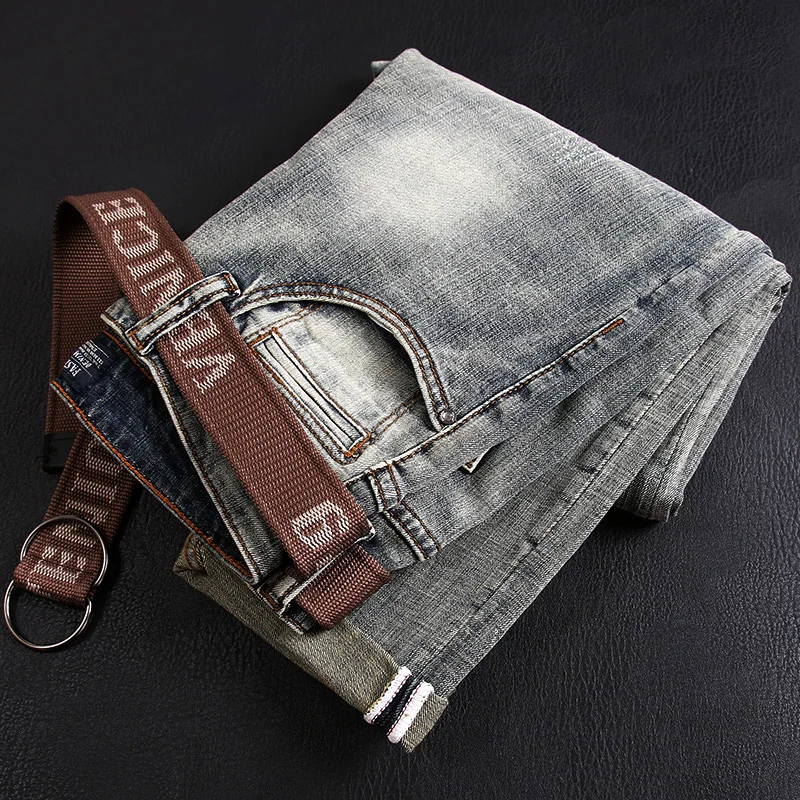 Korean Style Fashion Men Jeans Retro Distressed Elastic Slim Fit Ripped Jeans Men Vintage Designer Casual Denim Pencil Pants