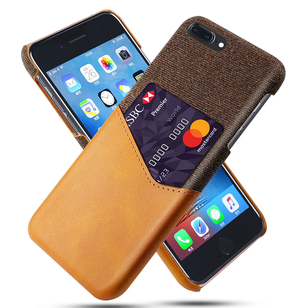 

6s Plus Shockproof Case for iPhone 6 7 8 Plus Business Fabric + Luxury Leather Card Holder Fitted Cover