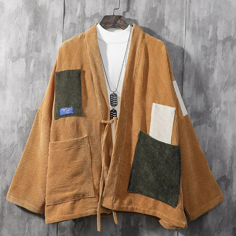 Japan Style Men Corduroy Kimono Jacket Color-blocking Patched Design Drop Shoulder Haori Oversize Loose Thin Coat | Мужская одежда