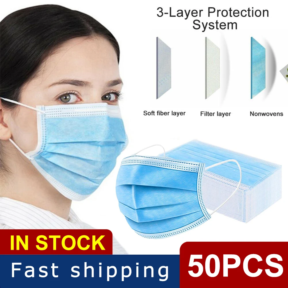 

50 Pcs Disposable Mask Face Mouth Anti Dust Protect 3 Layers Filter Earloop Non Woven Dustproof Mouth Mask 12-24 hours Shipping
