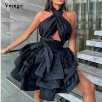 verngo black taffeta short prom party dresses halter tiered skirt fluffy mini cocktail dress sexy lady gown