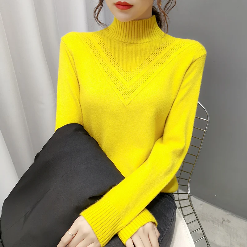 

Knitted Turtleneck Women Sweater And Pullovers Solid All Match Elegant Office Lady Pulls Outwear Tops