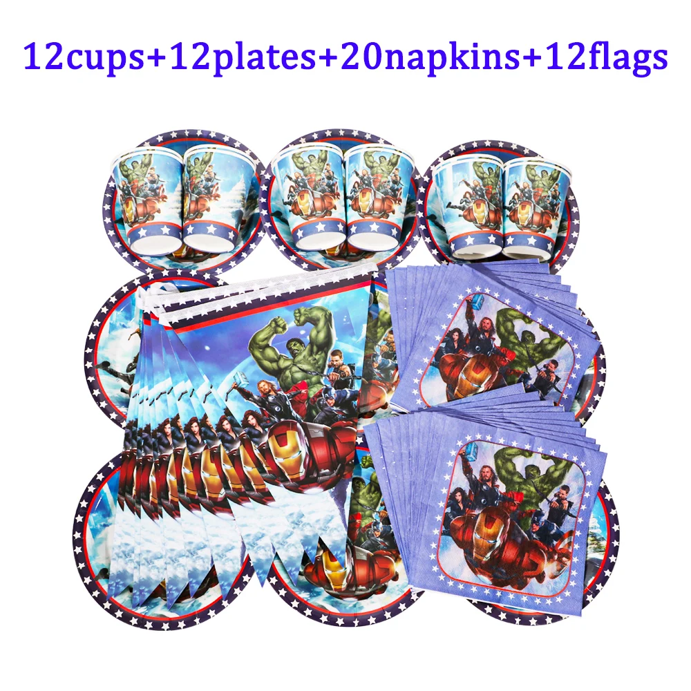 

56Pcs Disney The Avengers Birthday Party Super Hero Decoration Napkin Cups Plates Spoon Flag Disposable Tableware Baptism Boy