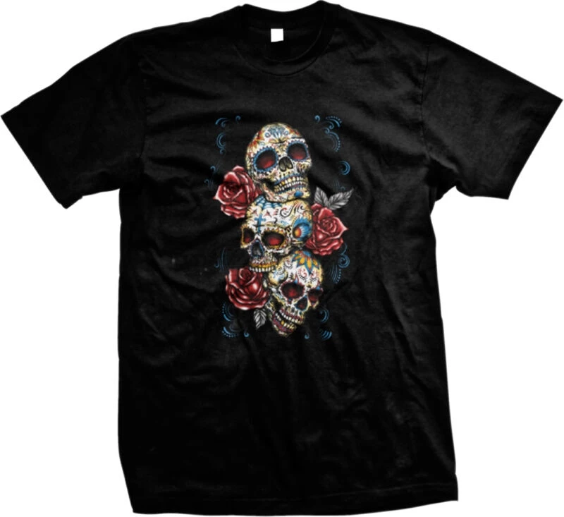 

Da De Los Muertos Day Of The Dead Three Skulls Roses Mens T-shirt