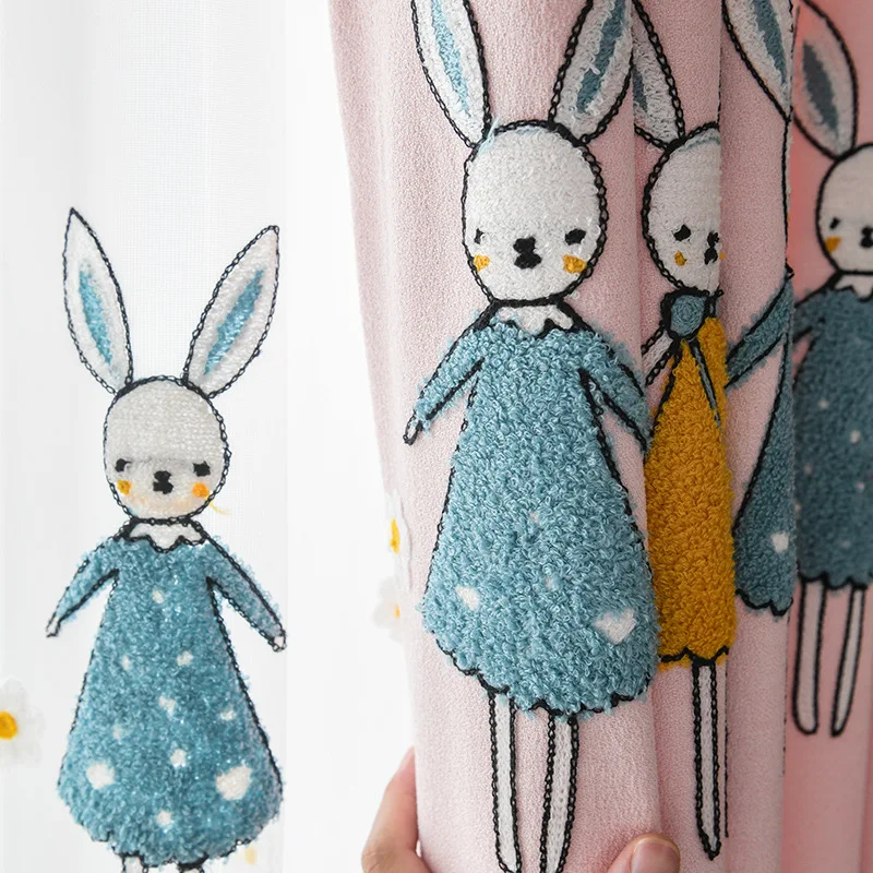 

Pink Embroidered Rabbit Curtains For Girl Kids Room Living Room Thick Linen Curtain Children Bedroom Window Treatment