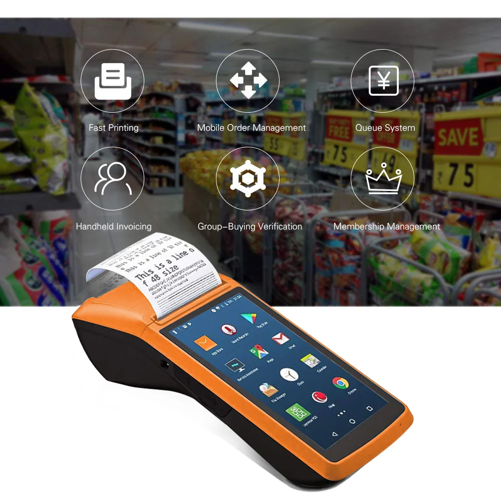 

PDA Android Портативный POS-терминал с 58 мм термочековым принтером кассовые аппараты для мобильного заказа eSIM 3G WiFi