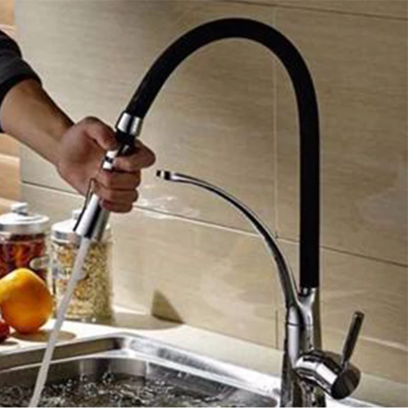 Черный хромированный кухонный кран для раковины поворотный выдвижной