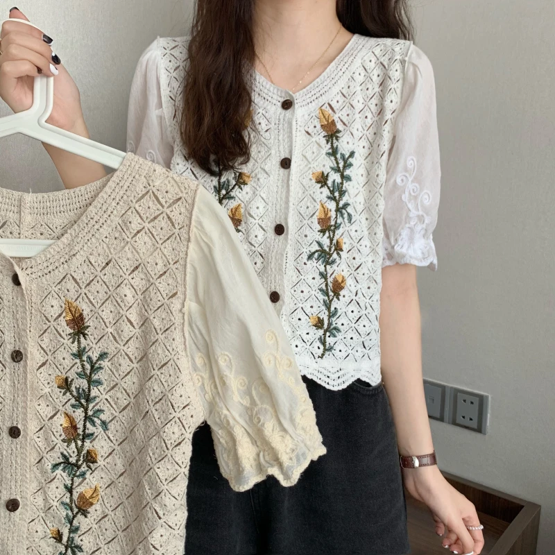 

V-Neck Embroidery Knitted Stitching Floral Short Sleeve Button Cotton Blouse sweet Women's Clothing Hollow out Retro Summer Tops