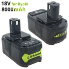 Литиевая аккумуляторная батарея для Ryobi ONE + P108 P109 P106 P105 P104 P103 RB18L50 RB18L40 BPL1820 BPL1815 RB18L13, 2 шт., 18 в, 8,0 Ач