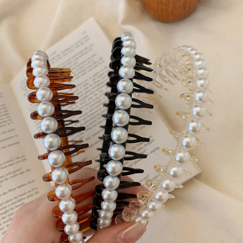 

Vintage Faux Pearl Beaded Headband Non-Slip Teeth Comb Jewelry Wedding Hair Hoop D08E