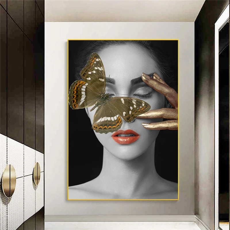 

Nordic Art Sexy Woman Cover Face with Yellow Butterfly Canvas Art Posters and Prints Canvas Paintings on The Wall Art Pictures