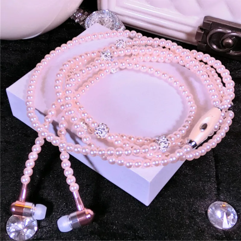 

Pearl Necklace Earphone In-Ear Pink Rhinestone Necklace Jewelry Beads Earphones With Mic For Samsung Xiaomi Brithday Girls Gifts