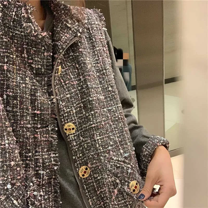grey vest Осенняя верхняя одежда женский твидовый жилет куртка+ платье с длинными рукавами женские маленькие ароматные ветровые комплекты школьные рубашки для девочек - Цвет: grey vest