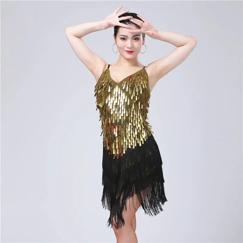 gold and black Женская танцевальная одежда для выступлений, платье на бретельках для сальсы, костюм для соревнований с v-образным вырезом, комплект бальных костюмов с блестками и бахромой для девочек, платья для латинских танцев - Цвет: gold and black