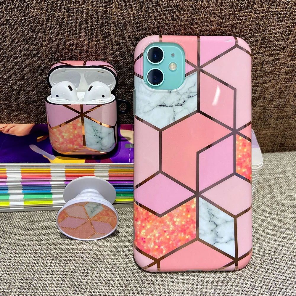 

Fashion Luxury IMD Plated Geometric Mobile Cell Phone Case for iphone 11 Whole Set with Holder & Earphone case Accessories