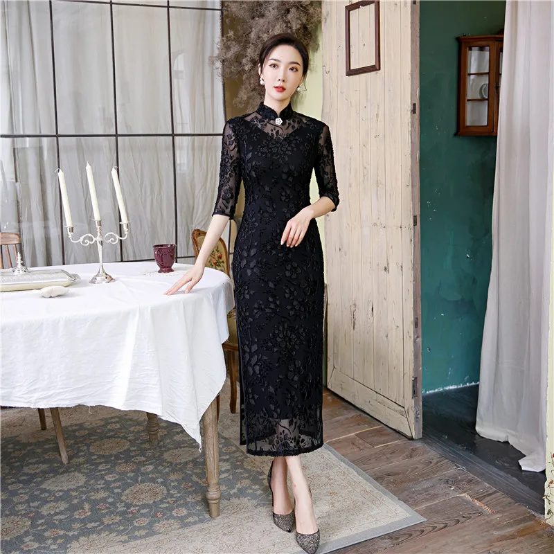 Длинное сексуальное Перспектива кружево женский Чонсам высокое Разделение 3/4 с